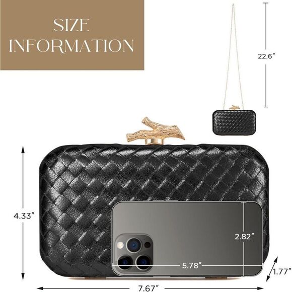 Women\'s Black Woven Leather Formal Evening Shoulder Clutch Chain Strap Handbag